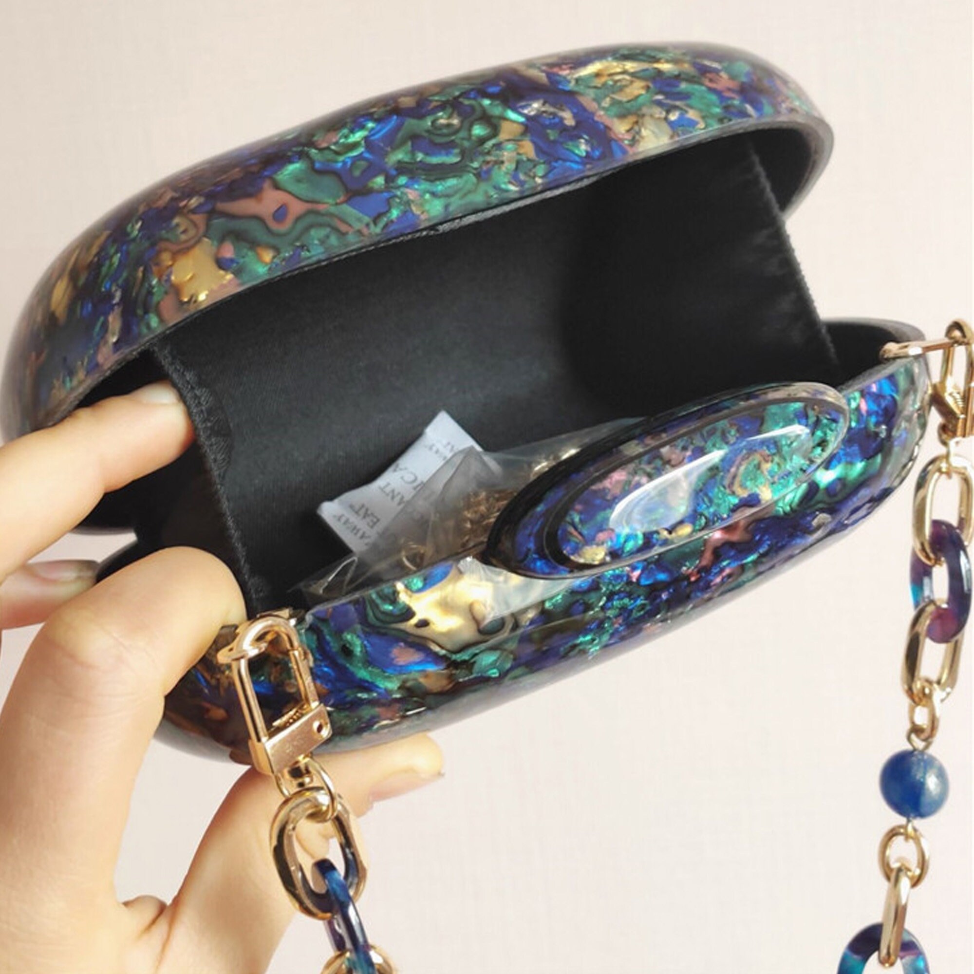 “Victorian” Acrylic Box Handbag Unique Purses Blue & Gold
