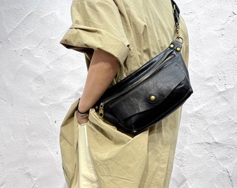 Black leather sling bag women, modern sling crossbody bag, gift for her