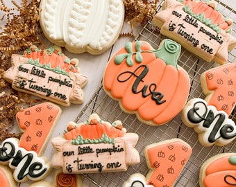 2 Dozen (24 cookies) Customizable Pumpkin Birthday Sugar Cookies | Our Little Pumpkin | Fall Birthday Party Favors | 2 Dozen