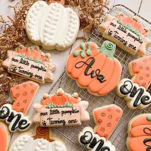 2 Dozen (24 cookies) Customizable Pumpkin Birthday Sugar Cookies | Our Little Pumpkin | Fall Birthday Party Favors | 2 Dozen