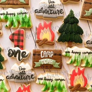 Puede incluir: Un conjunto de galletas de az&uacute;car decoradas con un tema de campamento. Las galletas presentan un oso, un pino, una fogata, un letrero que dice "Camp Noah" y un letrero que dice "One Wild Adventure".
