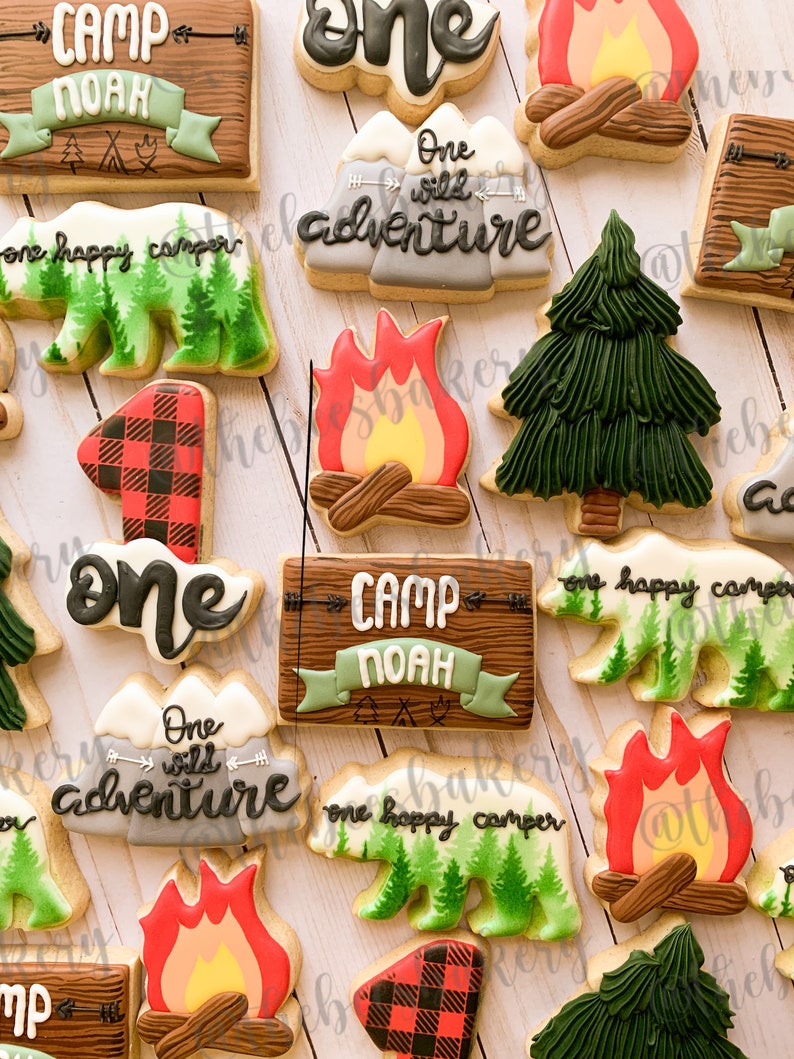 Puede incluir: Un conjunto de galletas de az&uacute;car decoradas con un tema de campamento. Las galletas presentan un oso, un pino, una fogata, un letrero que dice "Camp Noah" y un letrero que dice "One Wild Adventure".