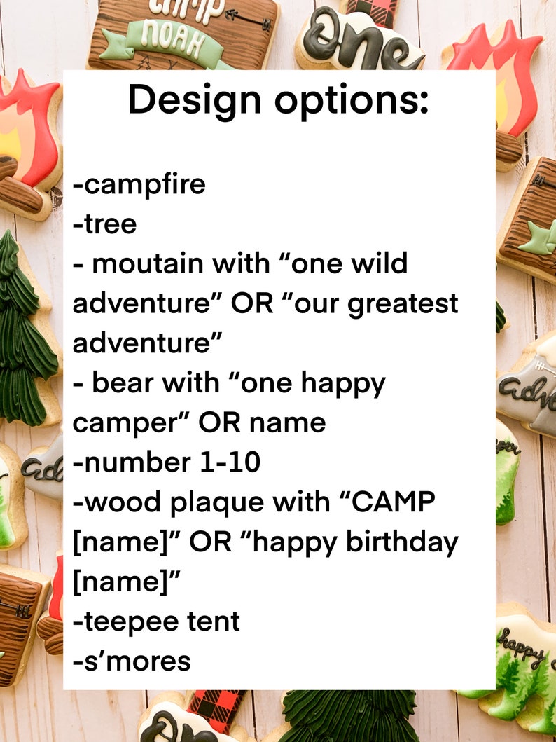 Puede incluir: Una colecci&oacute;n de galletas decoradas con tem&aacute;tica de campamento. Las galletas presentan im&aacute;genes de una fogata, un &aacute;rbol, una monta&ntilde;a, un oso, un n&uacute;mero uno y una placa de madera. El texto en las galletas dice "one", "camp", "Noah", "adventure", "happy" y "camper".