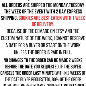 Puede incluir: Texto en blanco y negro sobre un fondo blanco que describe las pol&iacute;ticas de env&iacute;o y pedido de las galletas. Todos los pedidos se env&iacute;an el lunes o el martes de la semana del evento con env&iacute;o expr&eacute;s de 2 d&iacute;as. Las galletas se comen mejor dentro de una semana de la entrega. Debido a la demanda en Etsy y la naturaleza personalizada del trabajo, los pedidos deben pagarse en su totalidad antes de que se pueda reservar una fecha. No se pueden realizar cambios en el pedido dos semanas antes de la fecha solicitada. Si el comprador cancela el pedido en el &uacute;ltimo minuto (dentro de las dos semanas posteriores a la fecha solicitada), el 80% del total del pedido ser&aacute; reembolsable y el 20% ser&aacute; retenido por el comprador. Al pagar, el comprador acepta estos t&eacute;rminos.