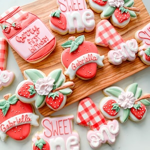 Customizable Berry First Birthday | Sweet One | Strawberry Birthday Party | Royal Icing Decorated Sugar Cookies - 1 Dozen (12 cookies)