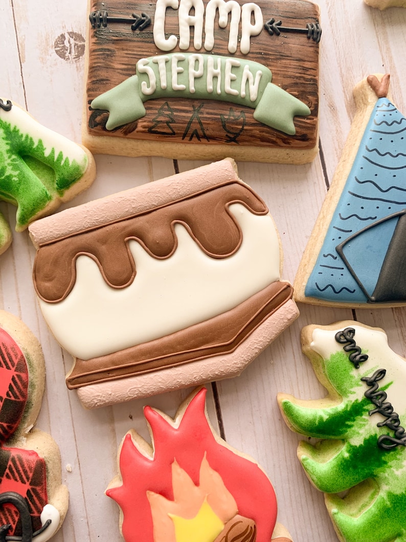 Puede incluir: Un conjunto de galletas de az&uacute;car decoradas con un tema de campamento. Las galletas presentan un letrero que dice "Camp Stephen", una fogata, una tienda de campa&ntilde;a, un malvavisco y un oso.