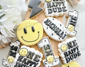 Customizable One Happy Dude Birthday Cookies | Birthday Party Cookies | Royal Icing Decorated Sugar Cookies - 1 Dozen (12 cookies)