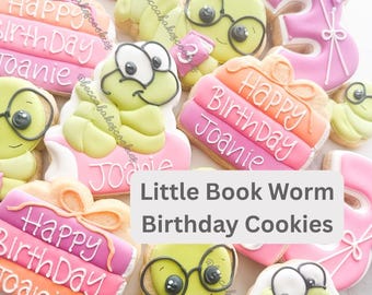 2 Dozen (24) Customizable Little Bookworm Baby Shower Birthday | Bookworm Birthday cookies | Royal Icing Sugar Cookies - (12 cookies)