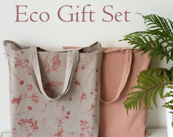 Eco gift Set of 2 naturally dyed, botanically printed cotton tote bags with 2 handles,  soft red and multicolor print