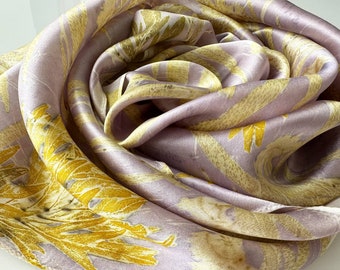 Luxury pure silk scarf, light purple with yellow leaves print, hand dyed