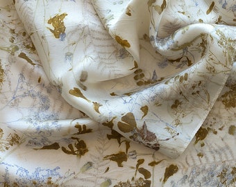 Silk scarf eco dyed with flowers and leaves, high quality botanically print, white, olive green, blue