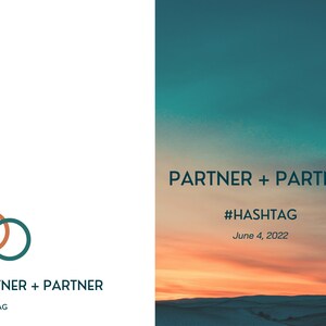 May include: A graphic design featuring two overlapping circles, one orange and one teal, with the text "PARTNER + PARTNER" and the hashtag "#HASHTAG" below. The background is a sunset sky with rolling hills.