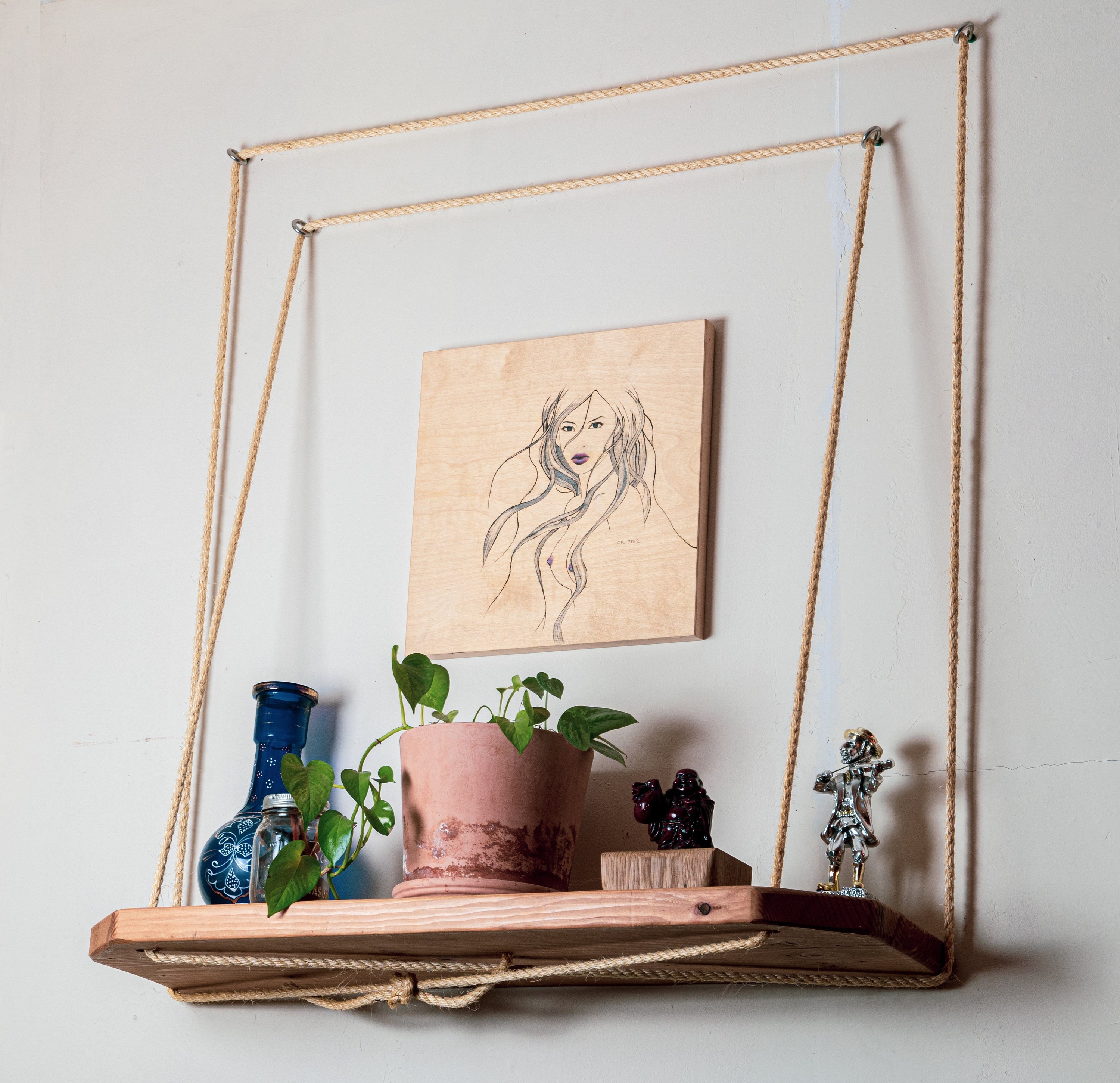 UniRope Hanging Shelf ONE ROPE design Wood Wall Shelves Etsy