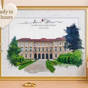 Watercolour Wedding Venue Print, 1st Wedding Gift Anniversary Present, Venue Sketch Painting from Photo, Couples Gift Personalised Drawing