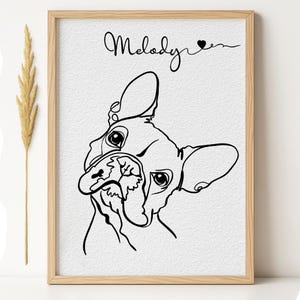 May include: A framed art print featuring a black line drawing of a French Bulldog. The dog's name, "Melody", is written above the dog in cursive script. The artwork is set against a white background and framed in a light wood frame.