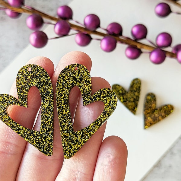 Glitzy Black Mod Heart Earring Blanks, Glitter Heart Earring Supplies, DIY Valentine Heart Earrings, Heart Shaped Earring Charms