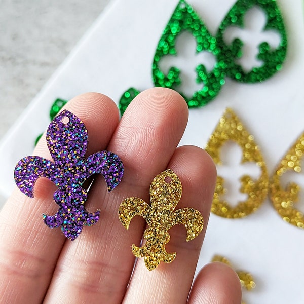 Fleur De Lis Earrings, Mardi Gras Earring Supplies, Acrylic DIY Handmade Jewelry Supplies, Mardi Gras Theme, ONE PAIR, Glitter Acrylic