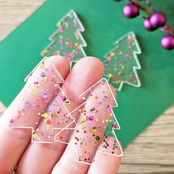 Scattered Micro Hexagon Glitter Christmas Tree Earrings, Acrylic Christmas Tree Earring Supplies, DIY Handmade Jewelry Supplies,  ONE PAIR