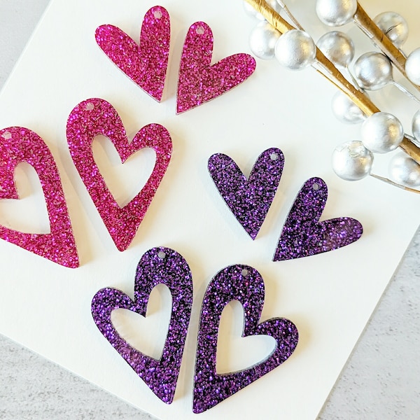 Mod Heart Earring Blanks, Glitter Heart Earring Supplies, DIY Valentine Heart Earrings, Heart Shaped Earring Charms, Hot Pink or Dark Purple