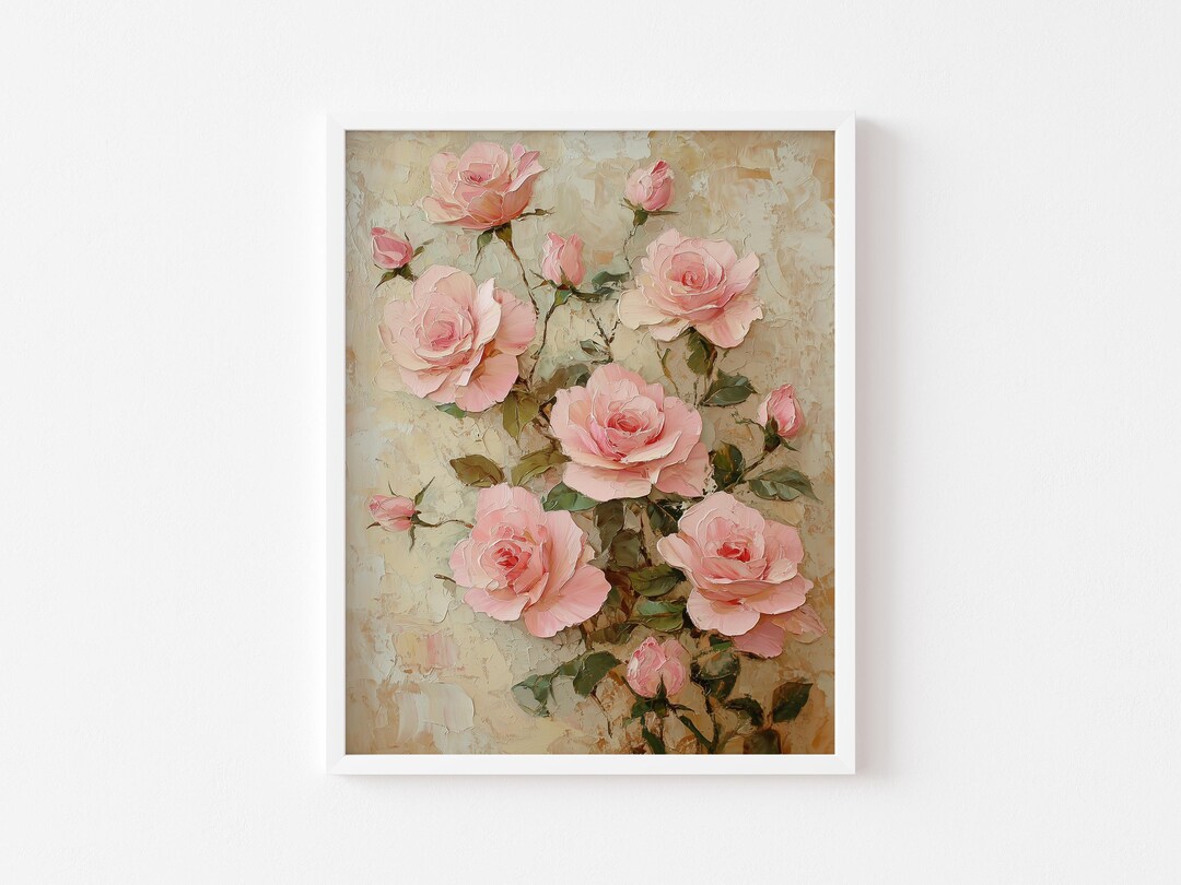 Modern Cottagecore Pink Roses Bouquet - Romantic Floral Wall Art ...