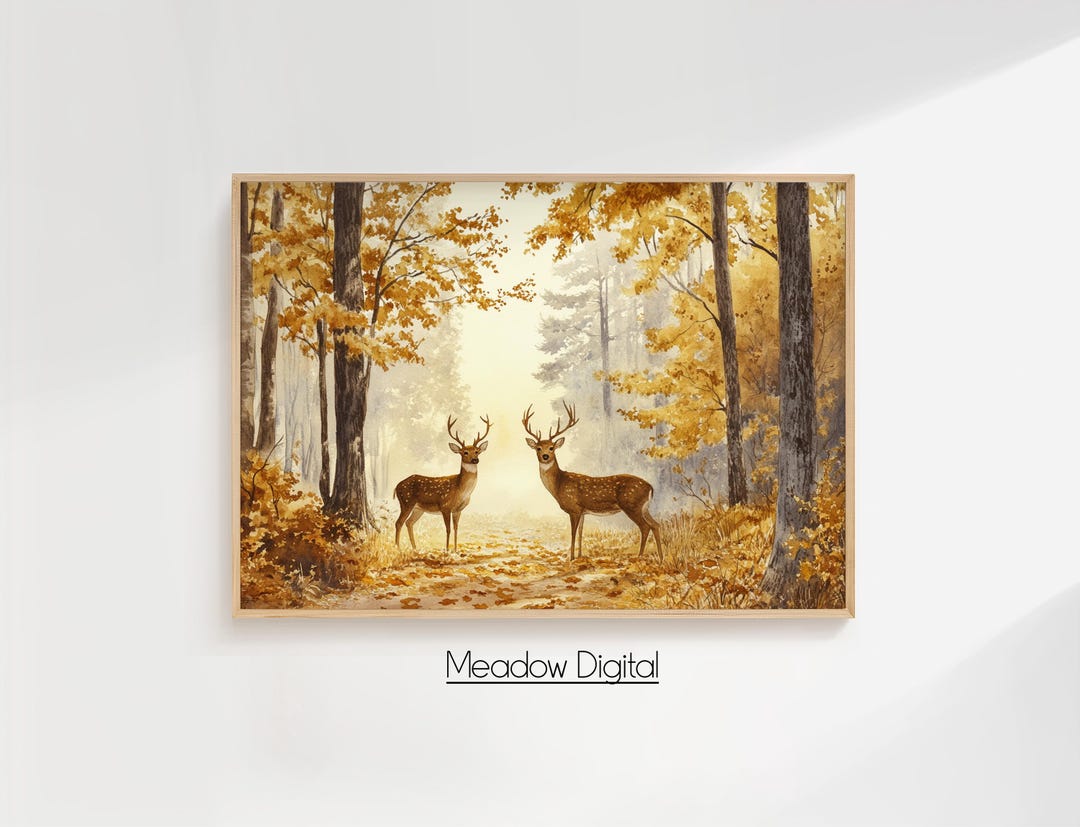 Autumn Deer Scene in Forest - Printable Fall Watercolor Art, Rustic ...