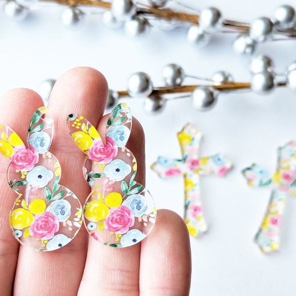 Spring Floral Acrylic Cross Earrings, Bunny Earring Supplies, Acrylic Rabbit DIY Handmade Jewelry Supplies, Easter Cross Earrings, ONE PAIR