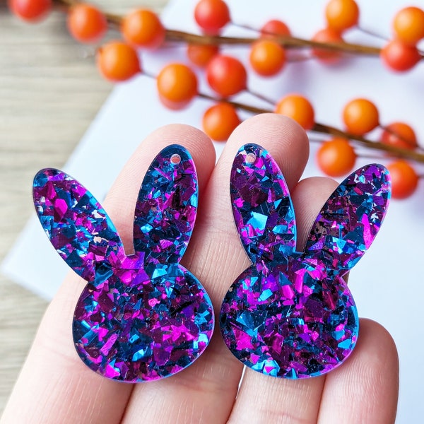 Dark Flakey Glitter Easter Bunny Earring Blanks, Bunny Ear Charms, DIY Earring Blank Supplies, Jewelry Findings, Glitter Easter Bunny Head