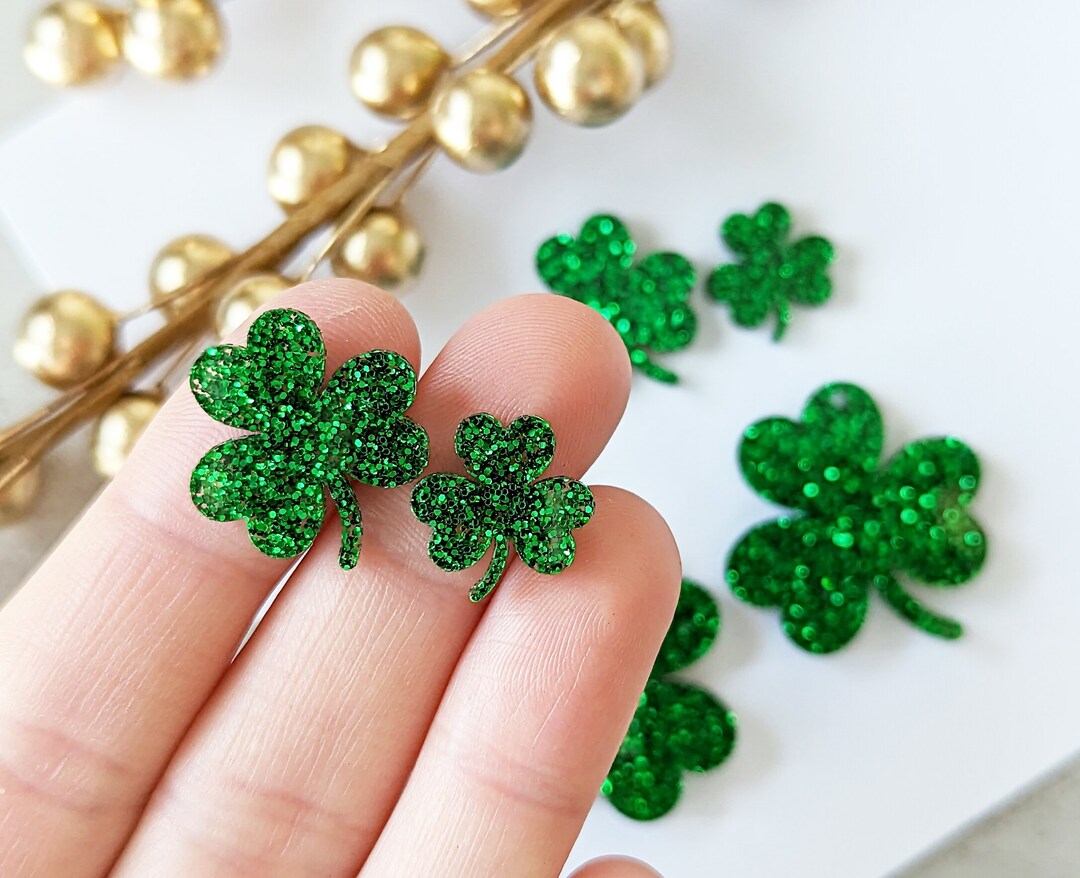 Green Glitter 3 Leaf Clover Stud Earrings Shamrock Earring Etsy