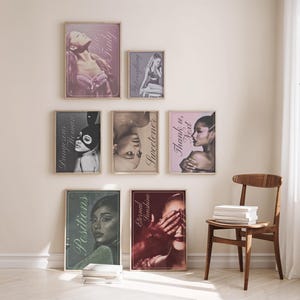 Juego de 7 pósteres digitales inspirados en Ariana Grande, impresiones de música pop y R&B, decoración para dormitorio de adolescentes, decoración de pared para dormitorio universitario, descarga de arte imprimible.