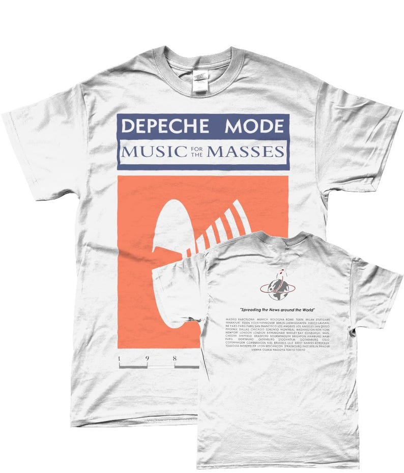 May include: White t-shirt with a graphic print of the Depeche Mode album cover "Music for the Masses". The album cover features a red and white graphic of a satellite dish. The back of the shirt has a small graphic of a satellite dish with the text "Spreading the News around the World".