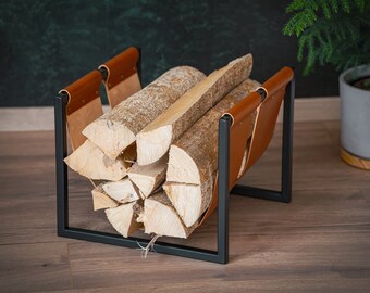 Firewood storage made of leather and steel perfect for wood and kindling on the fireplace / stove stand bowl