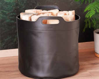 Brennholztasche, Holzkorb, Feuerholzkorb, Kaminkorb aus Leder