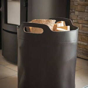 Brennholztasche, Holzkorb, Feuerholzkorb, Kaminkorb aus Leder