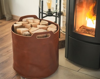 Brennholztasche, Holzkorb, Feuerholzkorb, Kaminkorb aus Leder