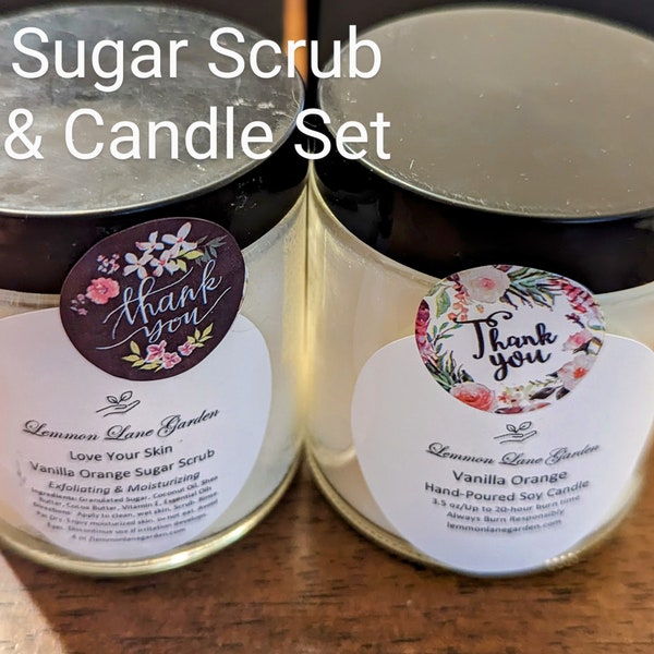 Sugar Scrub & Soy Coconut Candle Sets. A great deal! Natural Moisturizing Ingredients. Perfect Birthday or Mother's Day or Self-care Gift.