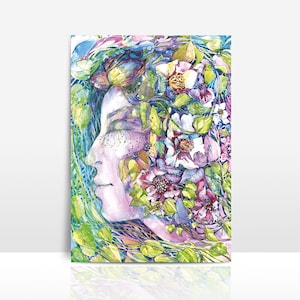 Fée des fleurs, carte postale, motif pour cadre photo, aquarelle, papier naturel, DIN A6, cadeau, carte de vœux, anniversaire, printemps, été, peint à la main