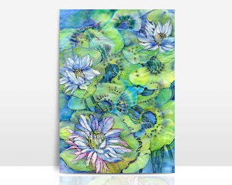 Water lilies, postcard handpainted, plants, nature, spring, summer, motif for picture frame, natural paper, DIN A6, gift, birthday