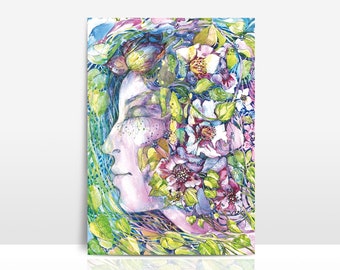 Fée des fleurs, carte postale, motif pour cadre photo, aquarelle, papier naturel, DIN A6, cadeau, carte de vœux, anniversaire, printemps, été, peint à la main