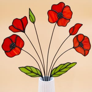 Stained Glass California Poppy Flower Bouquet On Stem, Window Hangings, Suncatcher