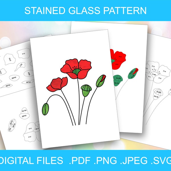 Stained Glass Pattern Flowers Poppies, Digital download Pdf, Svg, Jpg, Png