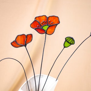 Stained Glass Flower Bouquet Poppy On Stem, Window Hangings