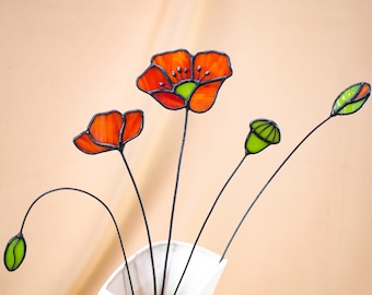 Stained Glass Flower Bouquet Poppy On Stem, Window Hangings