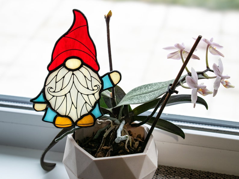 Stained Glass Gnome Garden Stake, Plant Stake image 2