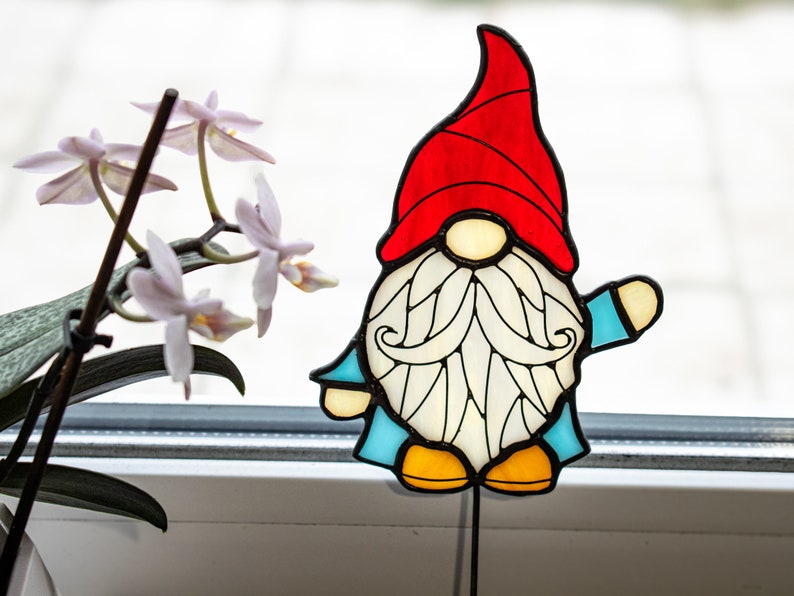 Stained Glass Gnome Garden Stake, Plant Stake image 1