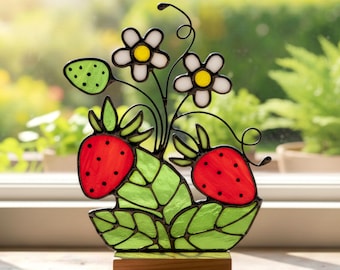 Small Stained Glass Suncatcher Strawberry Plant  on a Wooden Stand