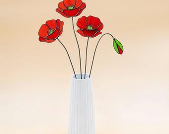 Stained Glass Poppy Flowers Bouquet: Handmade Glass Art Home Decor