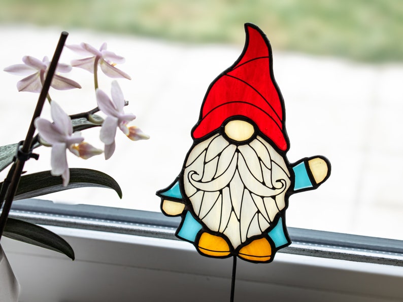 Stained Glass Gnome Garden Stake, Plant Stake image 3