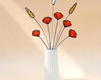 Ramo de flores de vitral con tallo, vitral 3D, flor de vidrio, decoración de vidrio