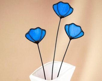 Stained Glass Blue Flower on a Stem - Single Branch