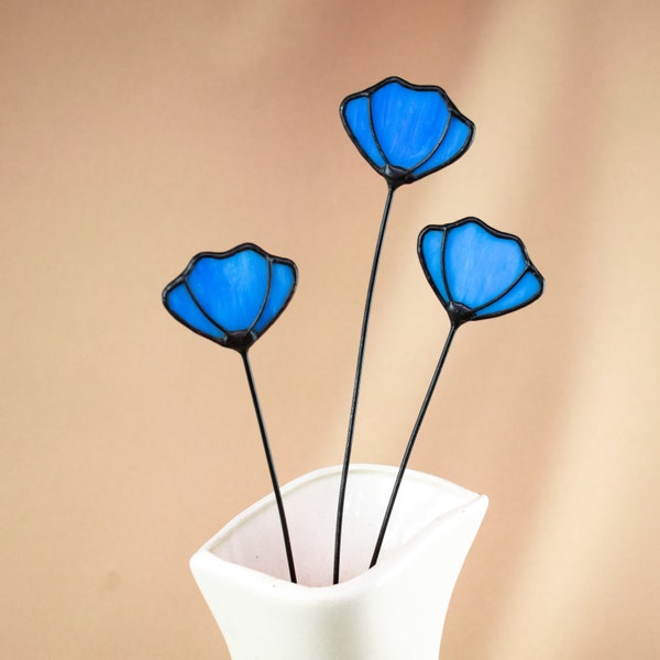 Stained Glass Blue Flower on a Stem - Single Branch